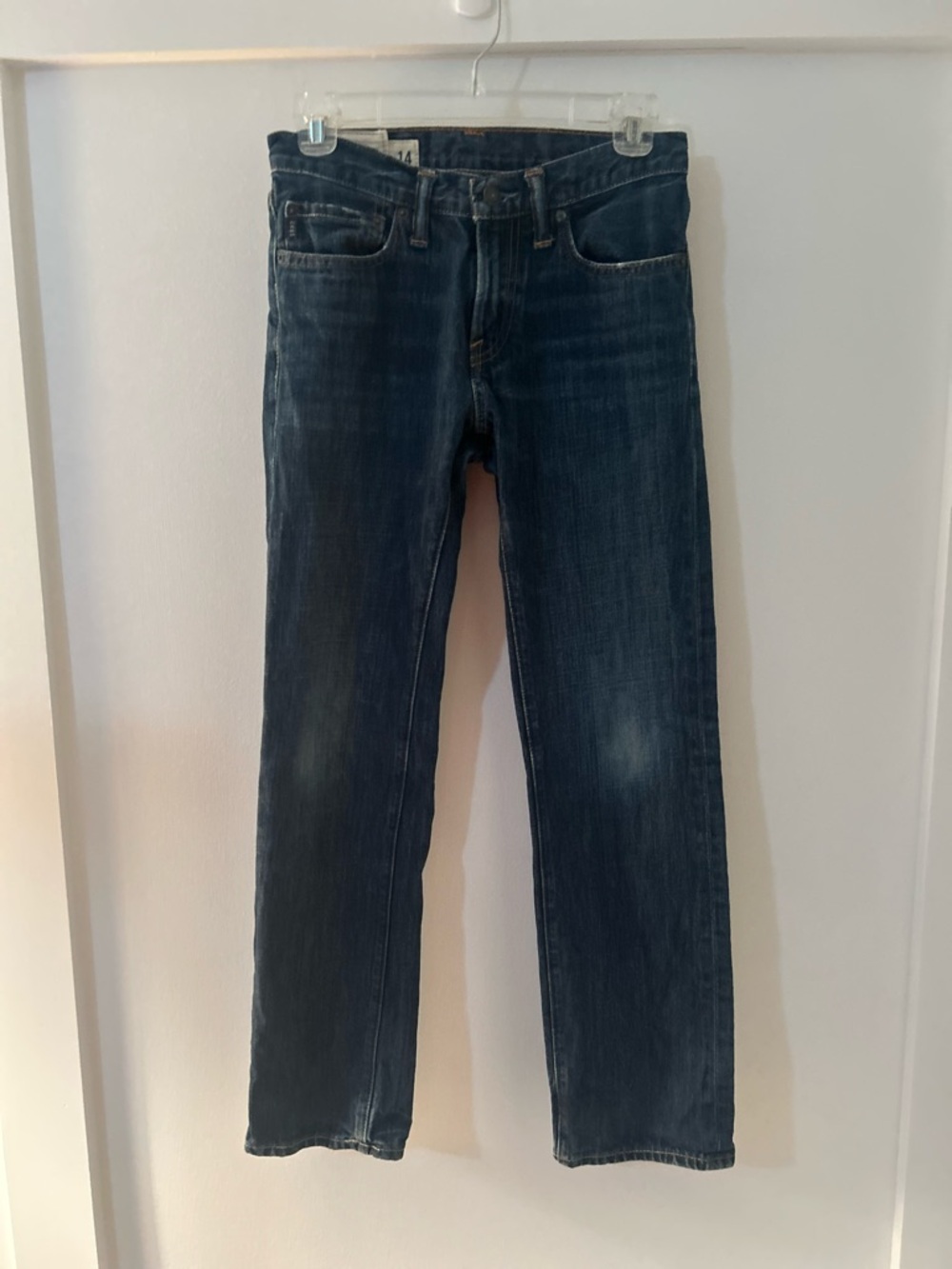 Abercrombie & Fitch Kids Dark Indigo Slim Straight Jeans with Distressing 14